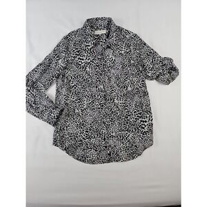 Jones New York Animal Print Shirt Silky Black White Leopard Roll Sleeve Sz M